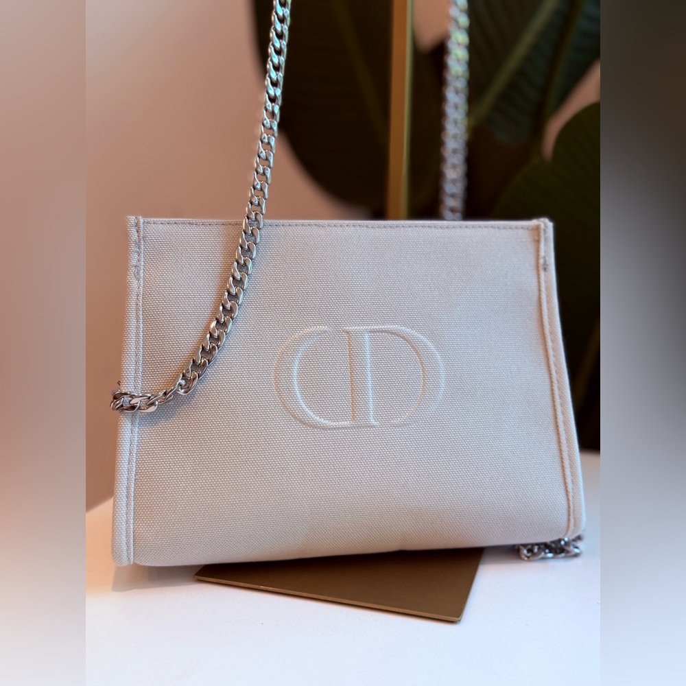 Dior White Canvas Crossbody Bag with Silver Chain